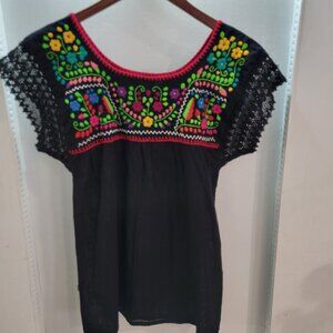 Authentic Oaxaca Handmade Embroidered Blouse Small Black Lace Mexican Artisan
